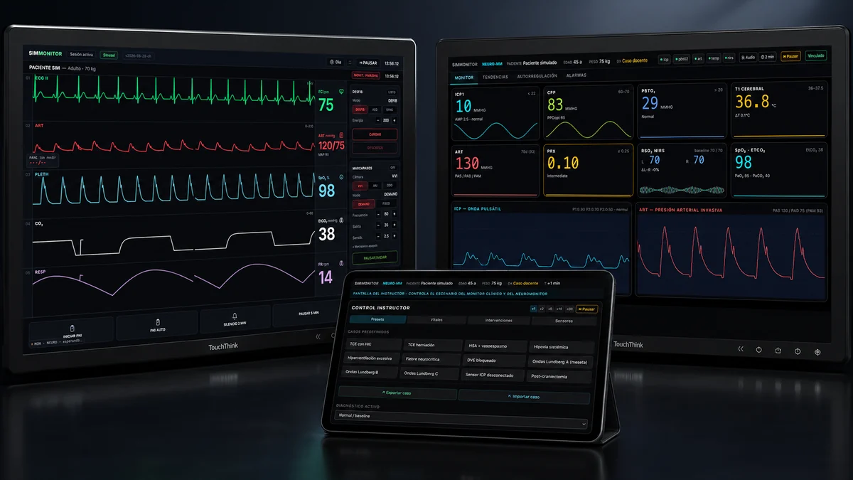 Monitor del paciente y monitor neurocrítico de Neuro SimMonitor con la tablet del instructor