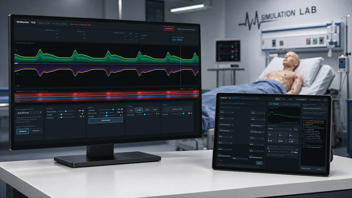 Pantalla de Doppler transcraneal de TCD SimMonitor junto a la consola del instructor