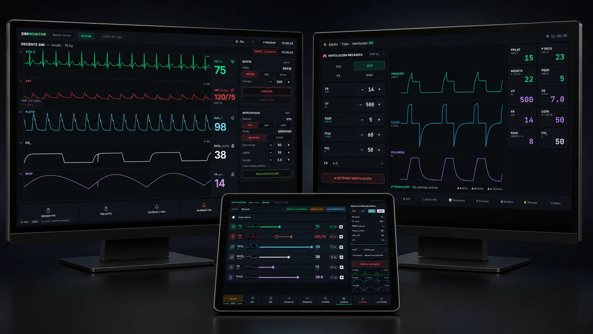 Monitor del paciente y pantalla de ventilación mecánica de Vent SimMonitor con la tablet del instructor
